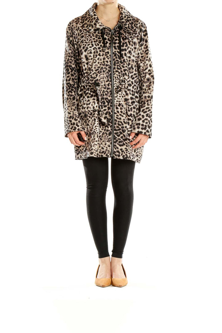 Front view of Dana Buchman leopard print zip-up jacket