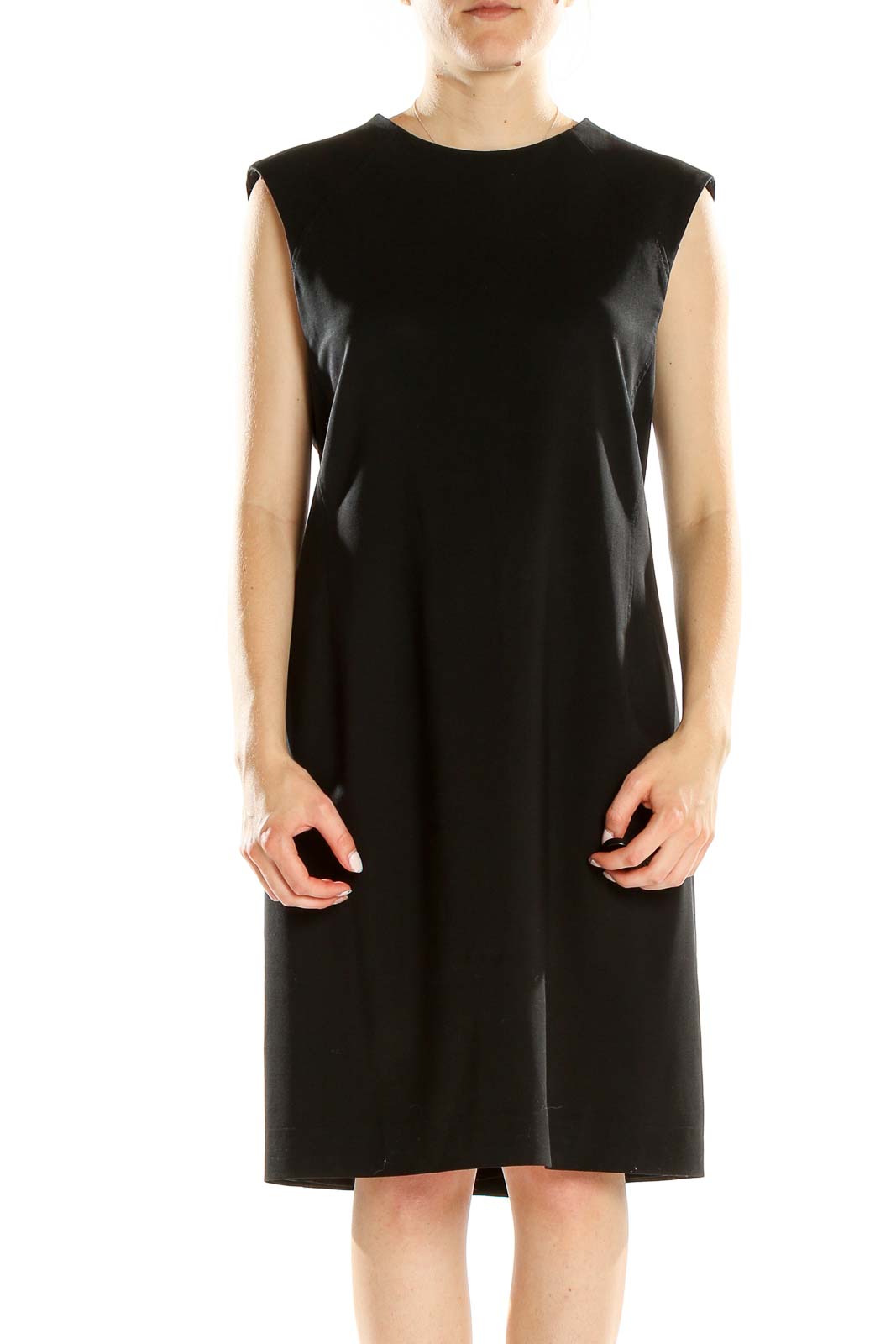 Front view of Theory black sleeveless shift dress