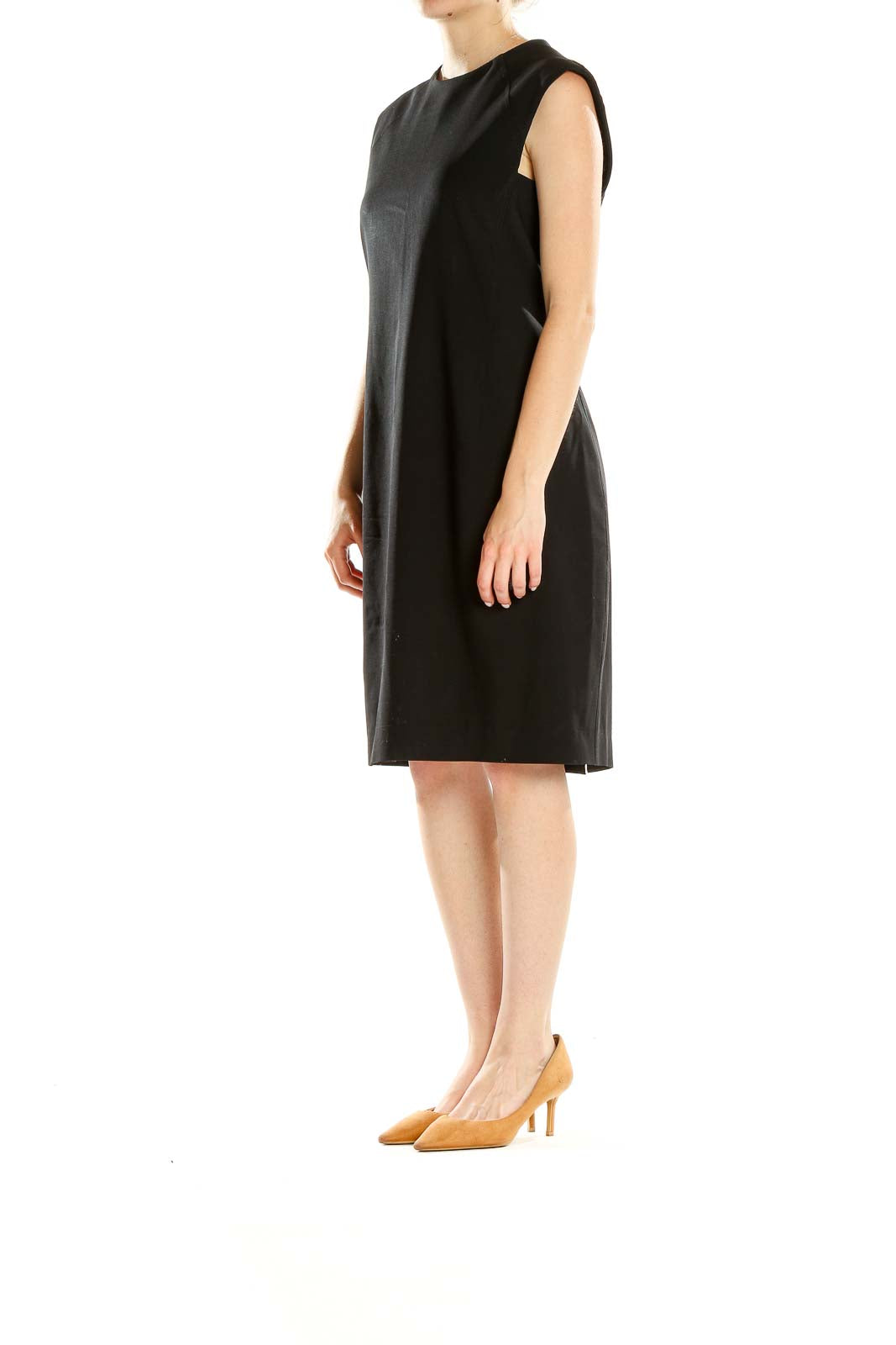 Front view of Theory black sleeveless shift dress