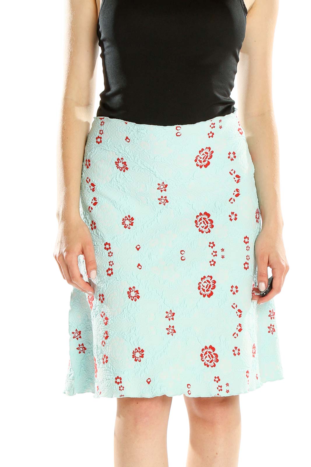 Front view of Haystacks mint floral A-line skirt with red flower patterns