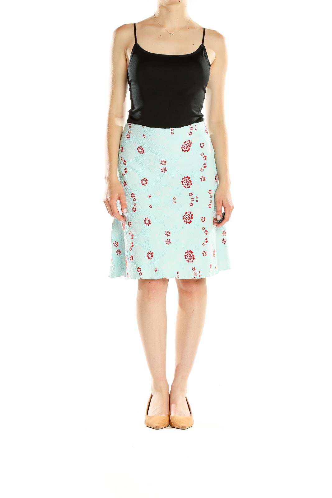Front view of Haystacks mint floral A-line skirt with red flower patterns