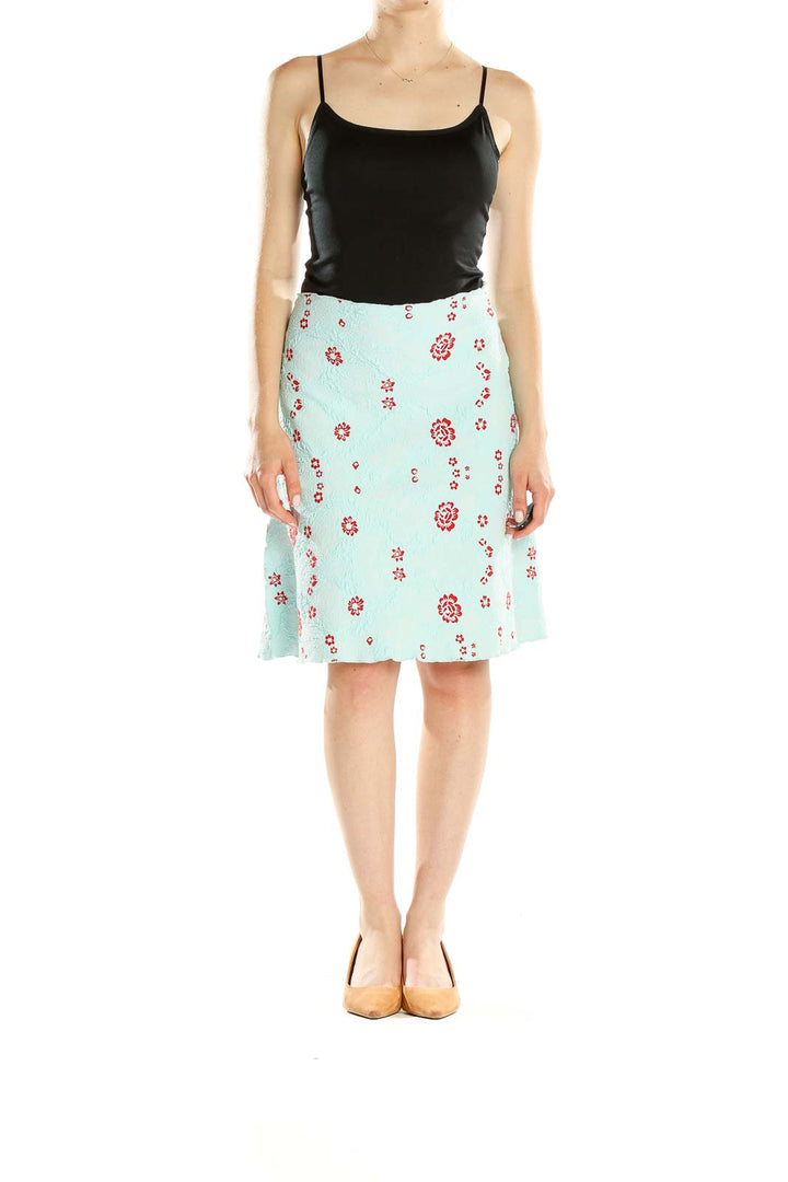 Front view of Haystacks mint floral A-line skirt with red flower patterns