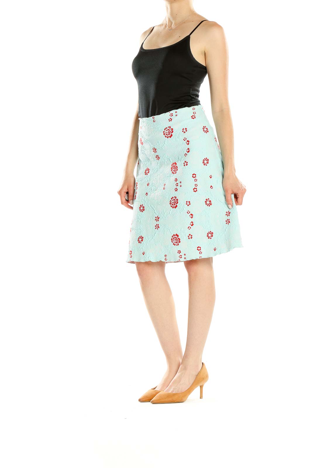 Front view of Haystacks mint floral A-line skirt with red flower patterns