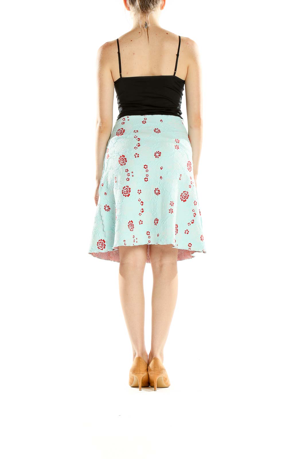 Side view of Haystacks mint floral A-line skirt showing texture and pattern