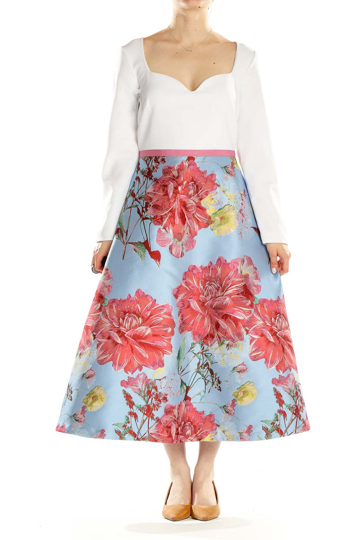 Front view of Theia blue floral metallic midi dress with white bodice and pink waistband