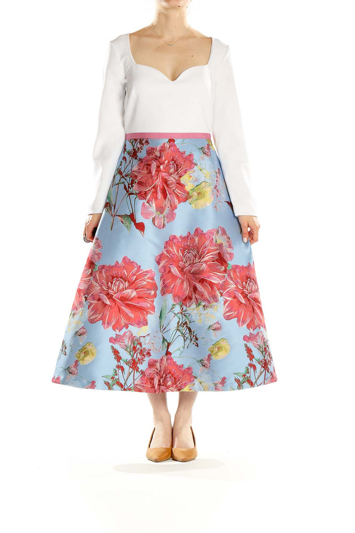 Front view of Theia blue floral metallic midi dress with white bodice and pink waistband