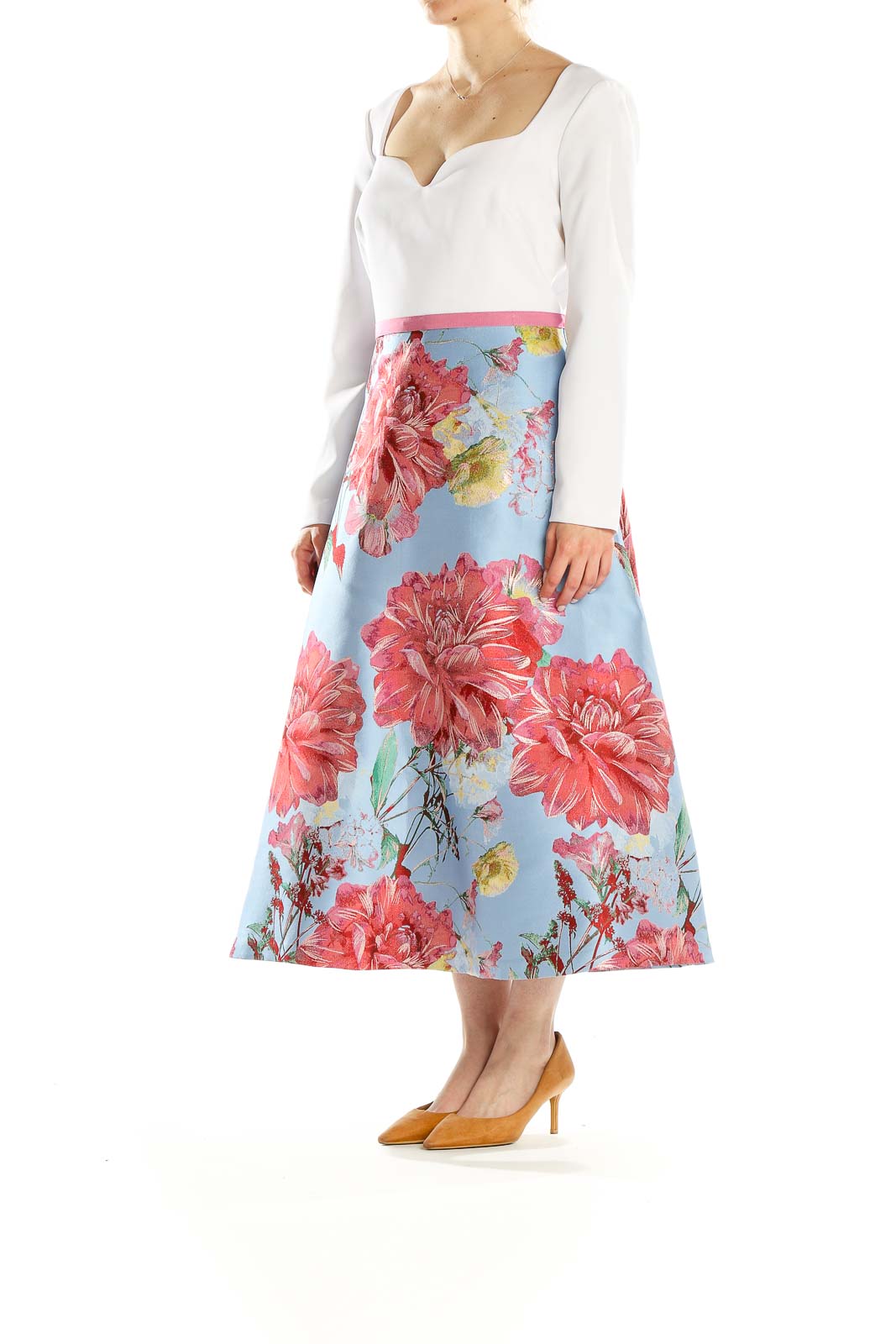 Front view of Theia blue floral metallic midi dress with white bodice and pink waistband