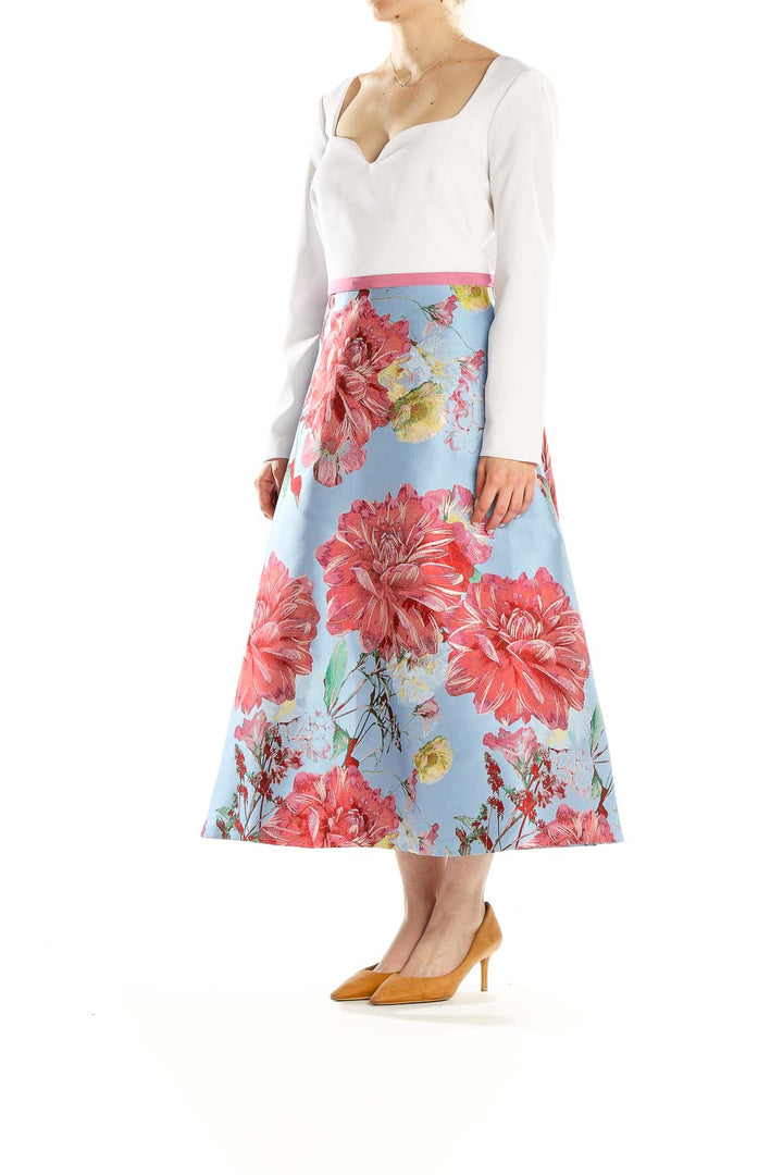 Front view of Theia blue floral metallic midi dress with white bodice and pink waistband