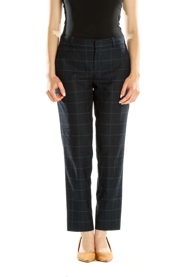 Front view of Banana Republic navy windowpane check dress pants