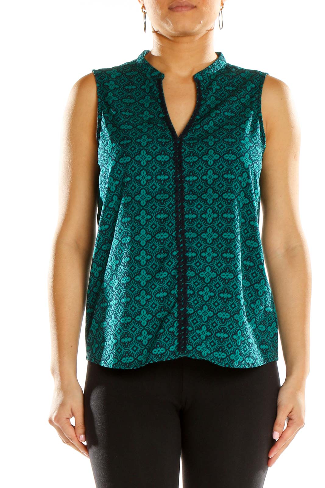 Front view of Banana Republic teal floral print sleeveless blouse with v-neck and mandarin collar