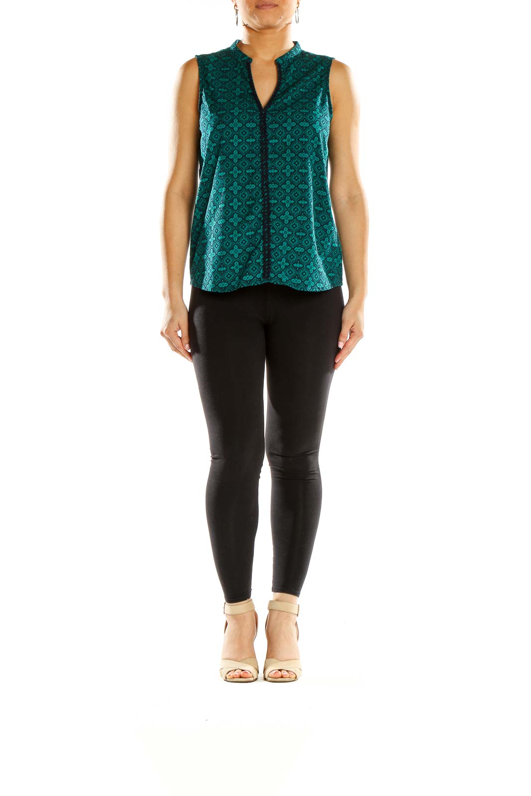 Front view of Banana Republic teal floral print sleeveless blouse with v-neck and mandarin collar