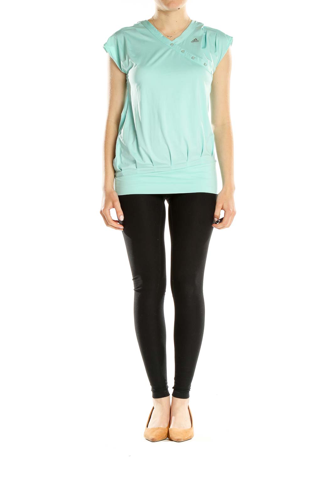 Front view of Adidas mint green V-neck athletic top with asymmetrical button detail