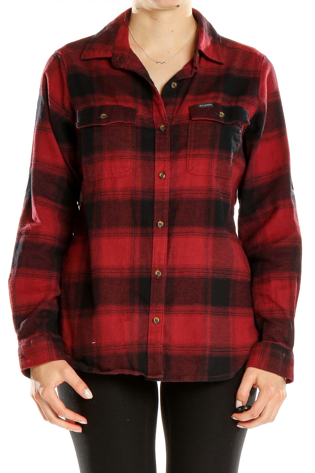 Front view of red and black plaid Columbia flannel shirt