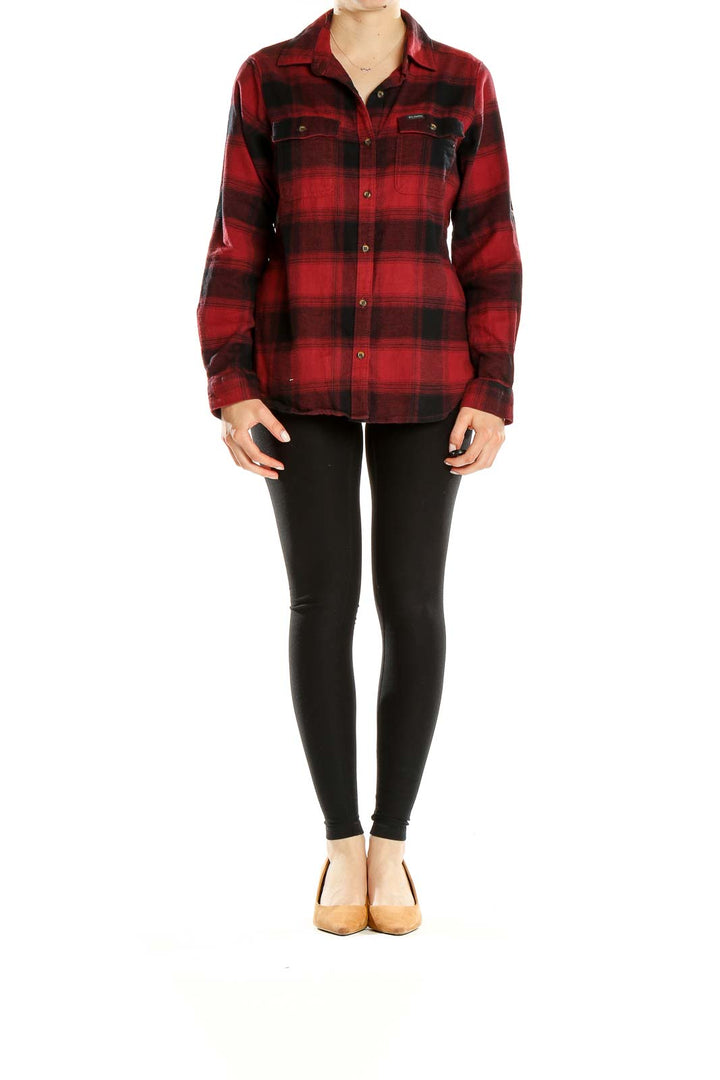 Front view of red and black plaid Columbia flannel shirt