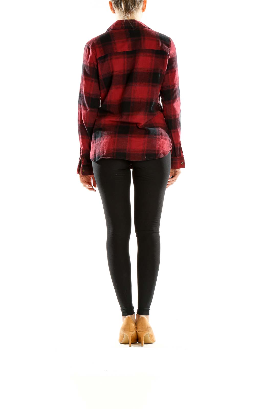 Back view of red and black plaid Columbia flannel shirt on model