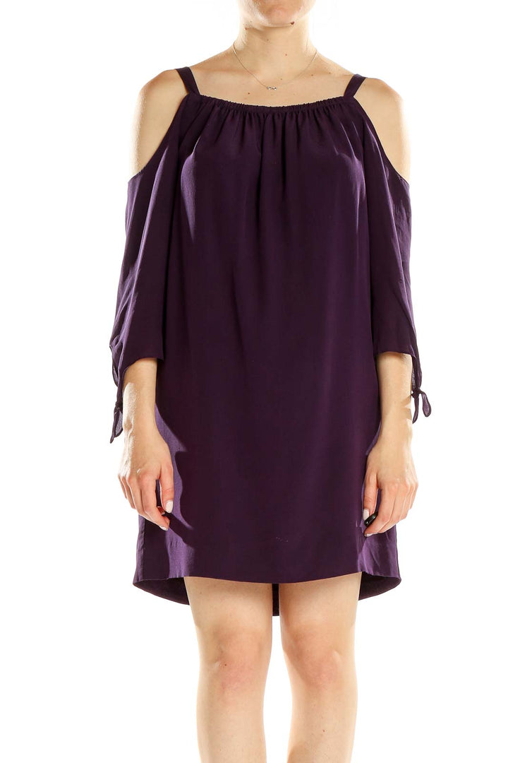Front view of Madewell purple cold-shoulder shift dress with gathered neckline