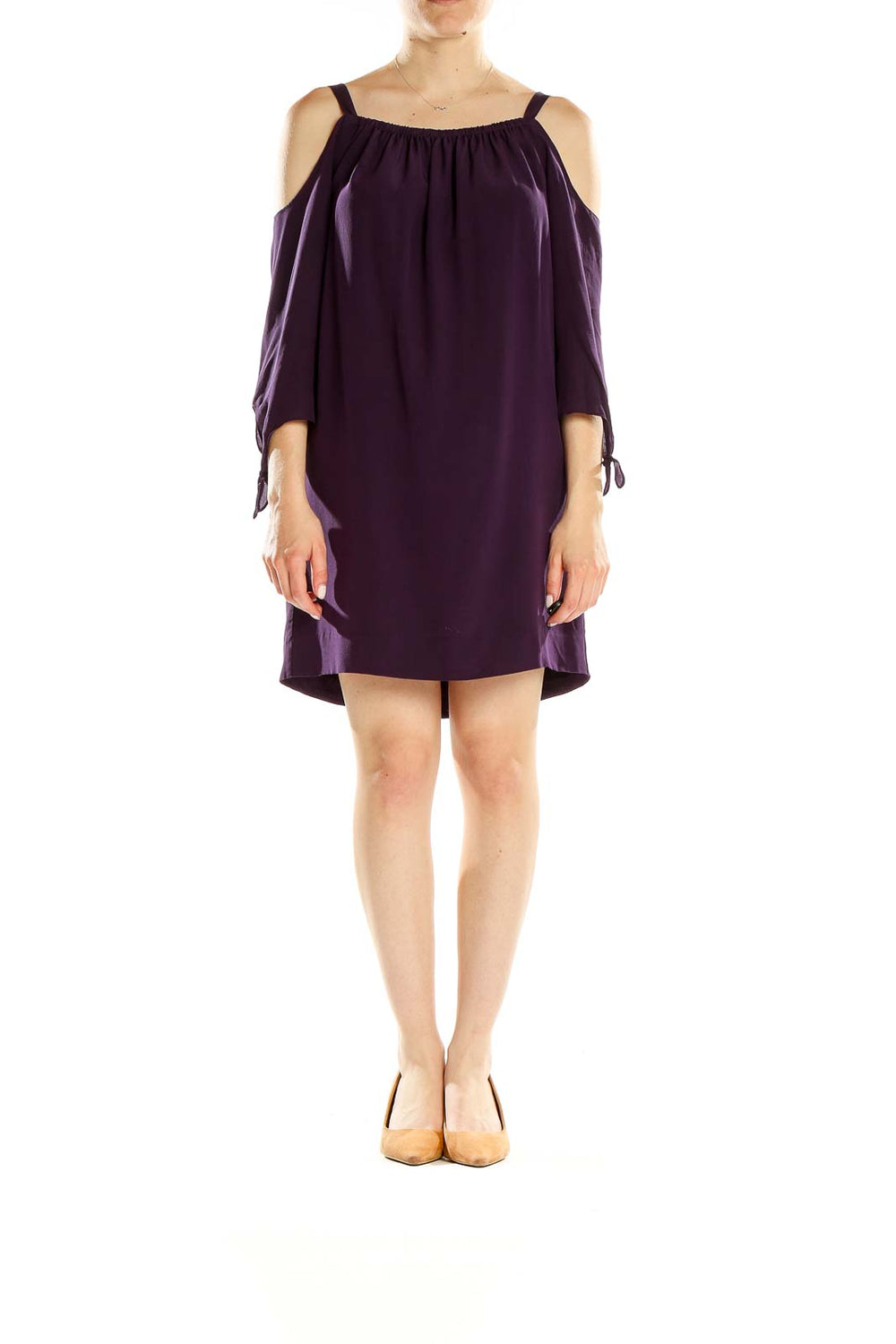 Front view of Madewell purple cold-shoulder shift dress with gathered neckline