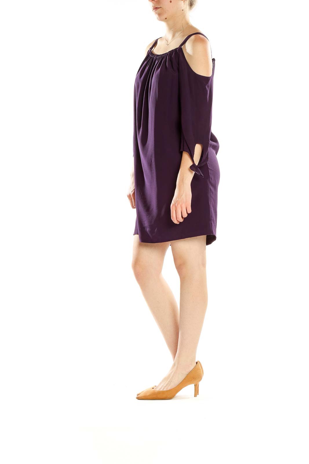 Front view of Madewell purple cold-shoulder shift dress with gathered neckline