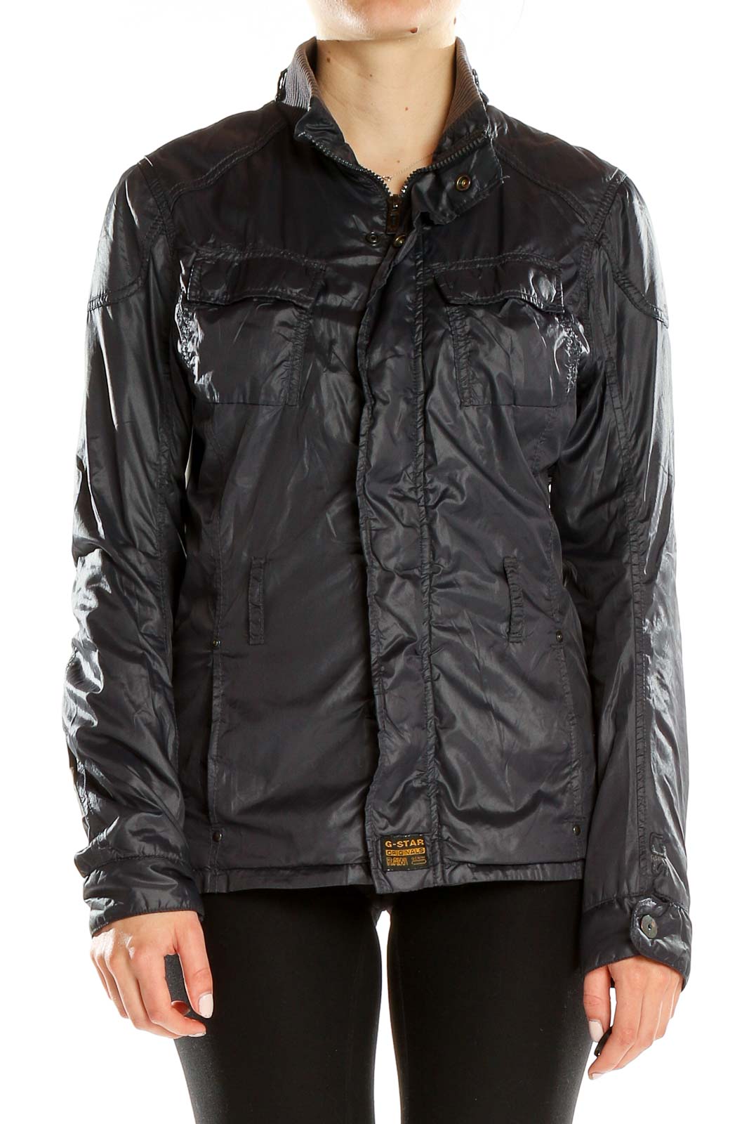 Front view of G-Star Raw black lightweight zip-up jacket with chest pockets