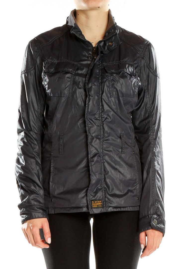 Front view of G-Star Raw black lightweight zip-up jacket with chest pockets