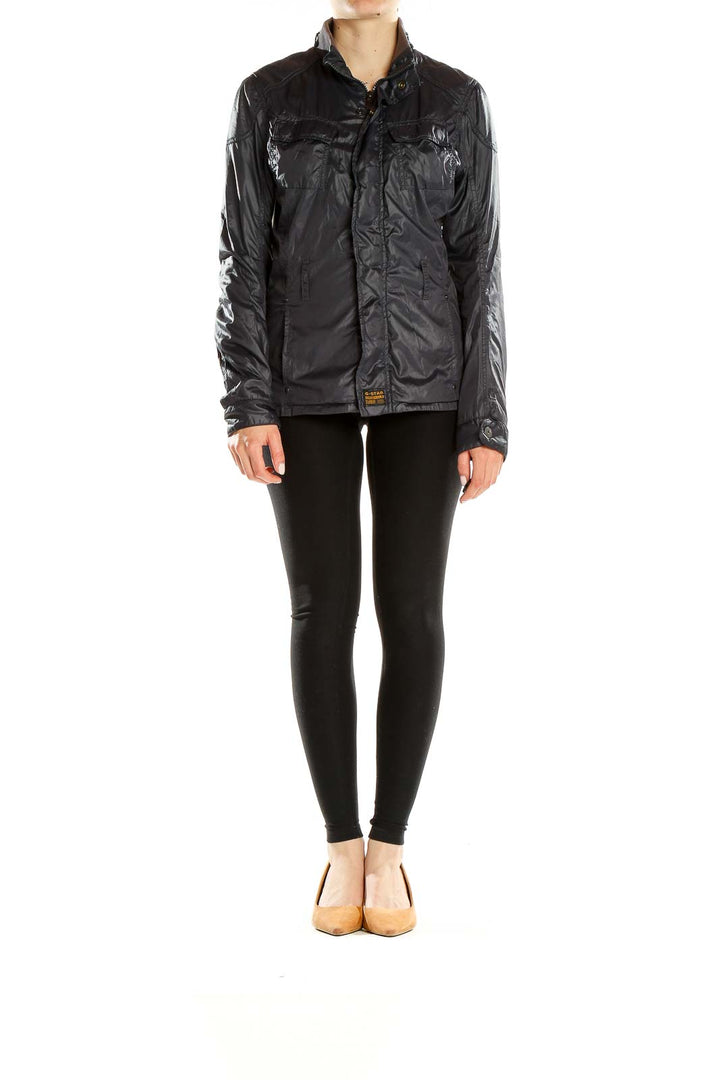 Front view of G-Star Raw black lightweight zip-up jacket with chest pockets