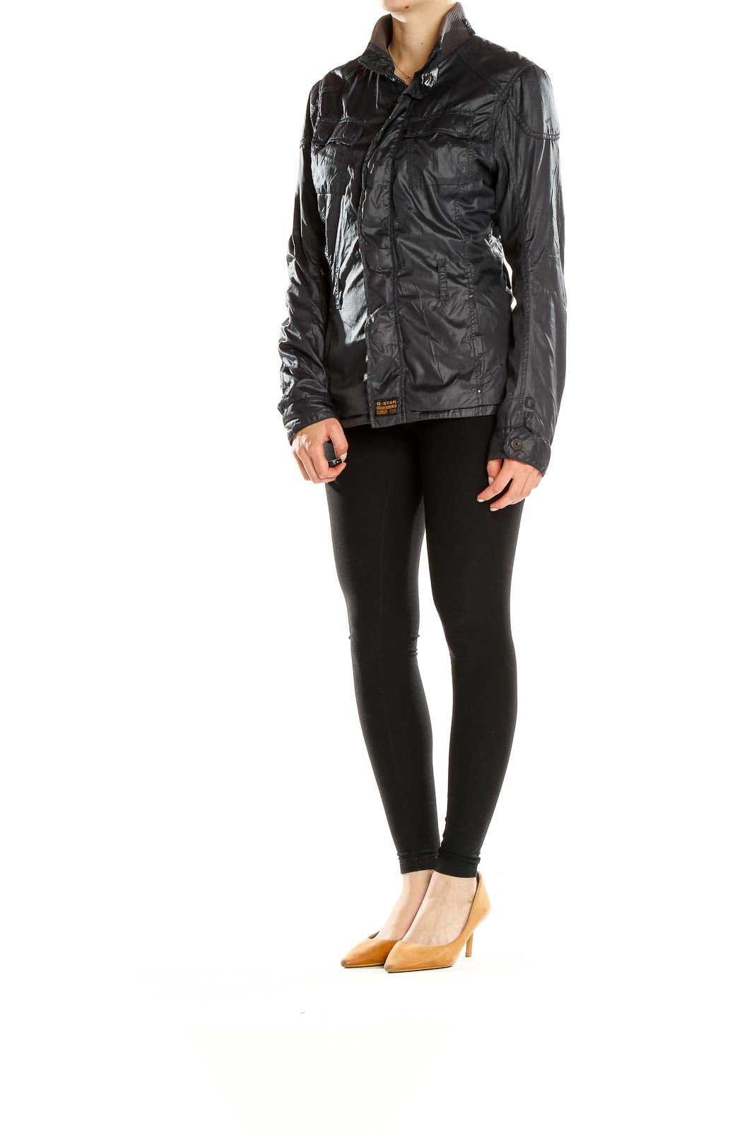 Front view of G-Star Raw black lightweight zip-up jacket with chest pockets