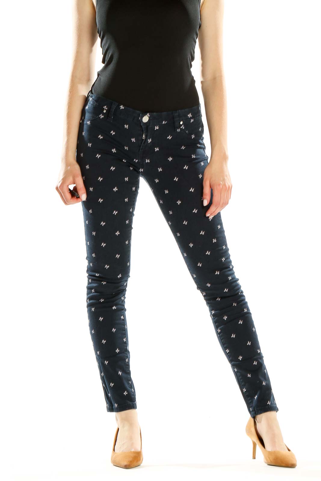 Front view of Blanknyc X Madewell navy skinny jeans with white pattern