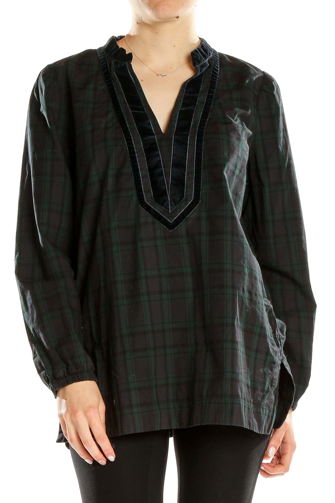 Front view of J.Crew green plaid tunic top with velvet-trimmed V-neck