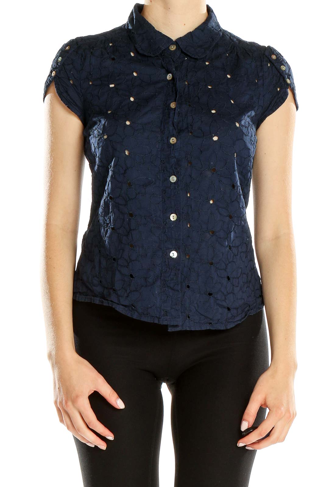 Front view of navy eyelet button-up blouse by Isaac Mizrahi For Target