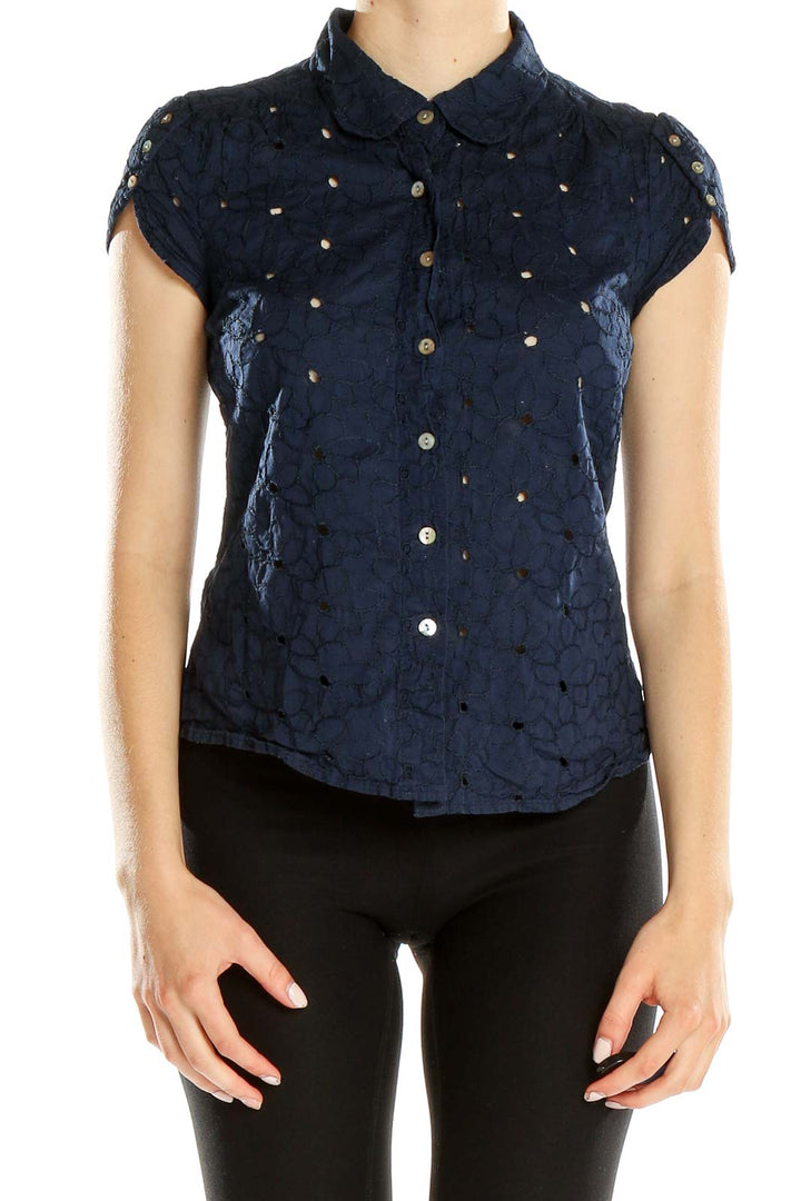 Front view of navy eyelet button-up blouse by Isaac Mizrahi For Target