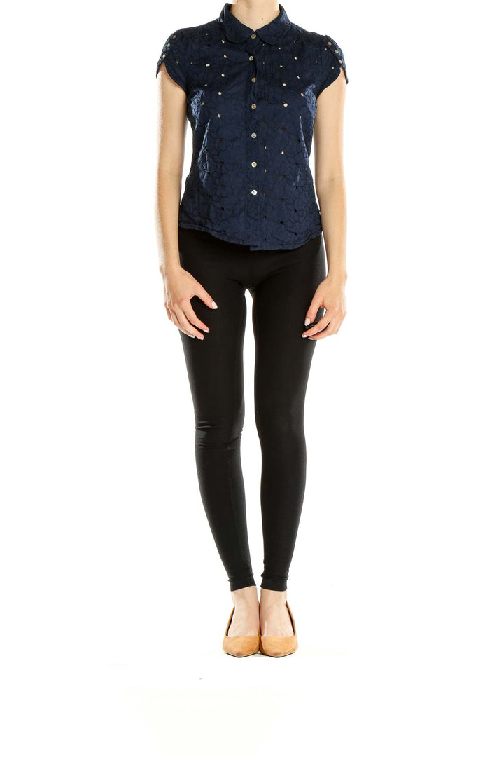 Front view of navy eyelet button-up blouse by Isaac Mizrahi For Target