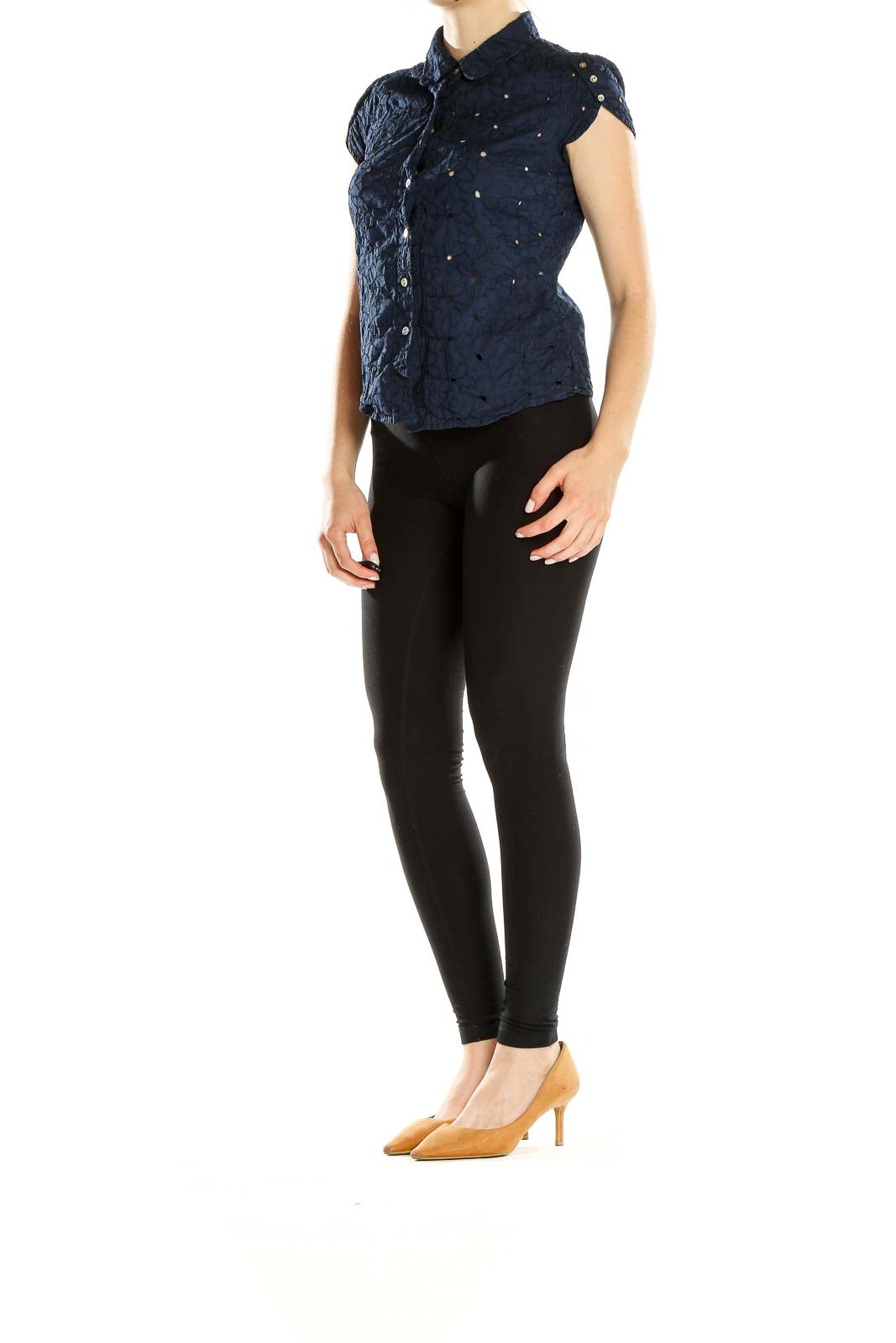 Front view of navy eyelet button-up blouse by Isaac Mizrahi For Target