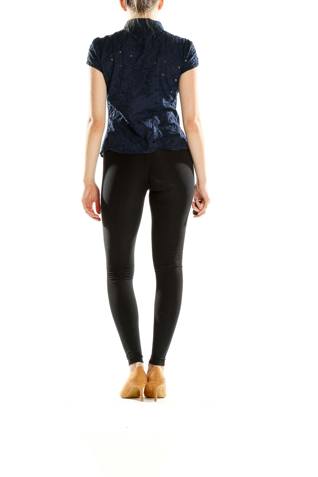 Side view of navy eyelet button-up blouse by Isaac Mizrahi For Target