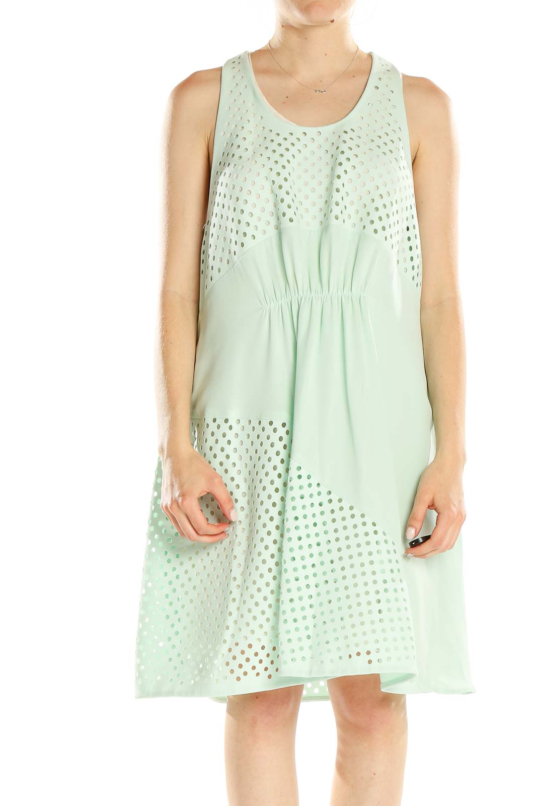 Front view of 3.1 Phillip Lim mint green eyelet sleeveless dress with gathered waist