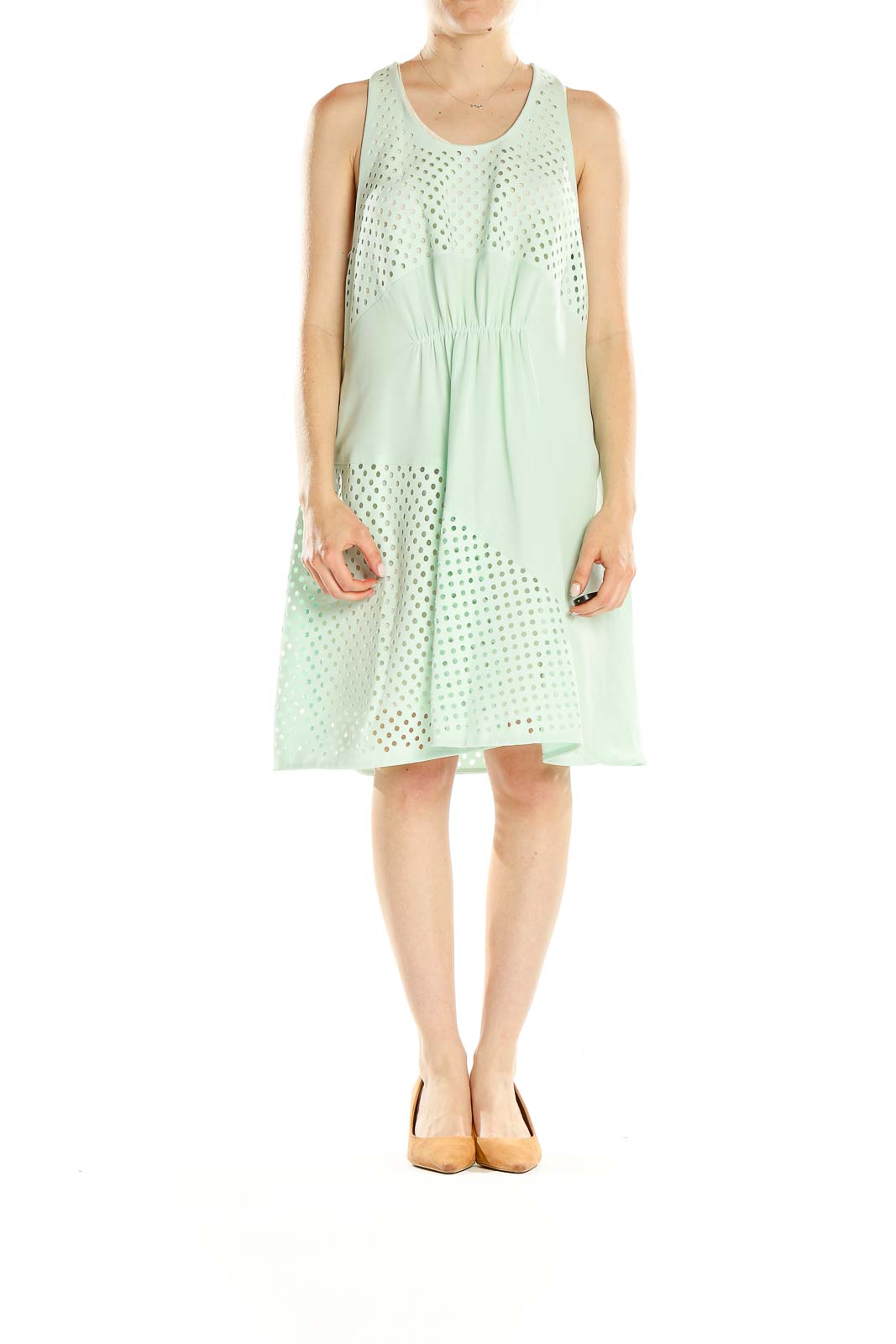 Front view of 3.1 Phillip Lim mint green eyelet sleeveless dress with gathered waist