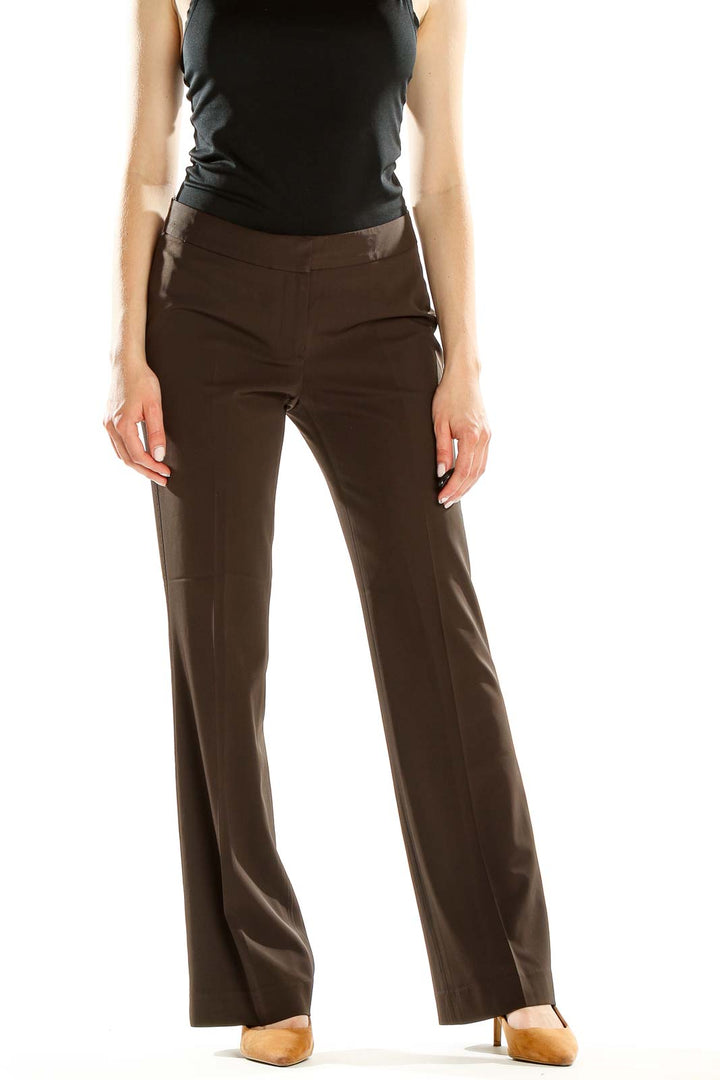 Front view of Tahari brown wide-leg trousers on model