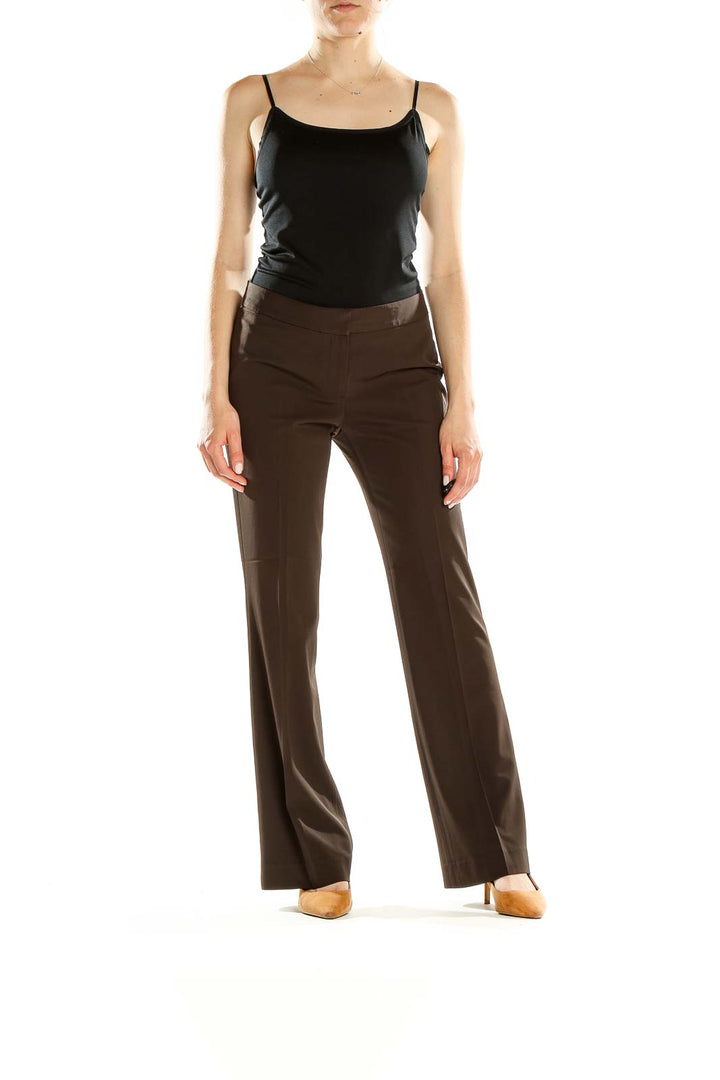Front view of Tahari brown wide-leg trousers on model