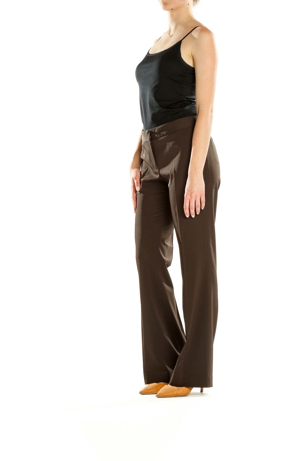 Front view of Tahari brown wide-leg trousers on model