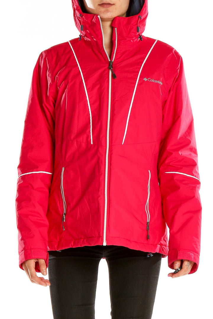 Front view of red Columbia ski jacket with white piping and hood