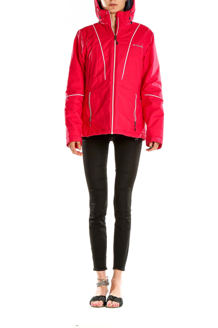 Front view of red Columbia ski jacket with white piping and hood