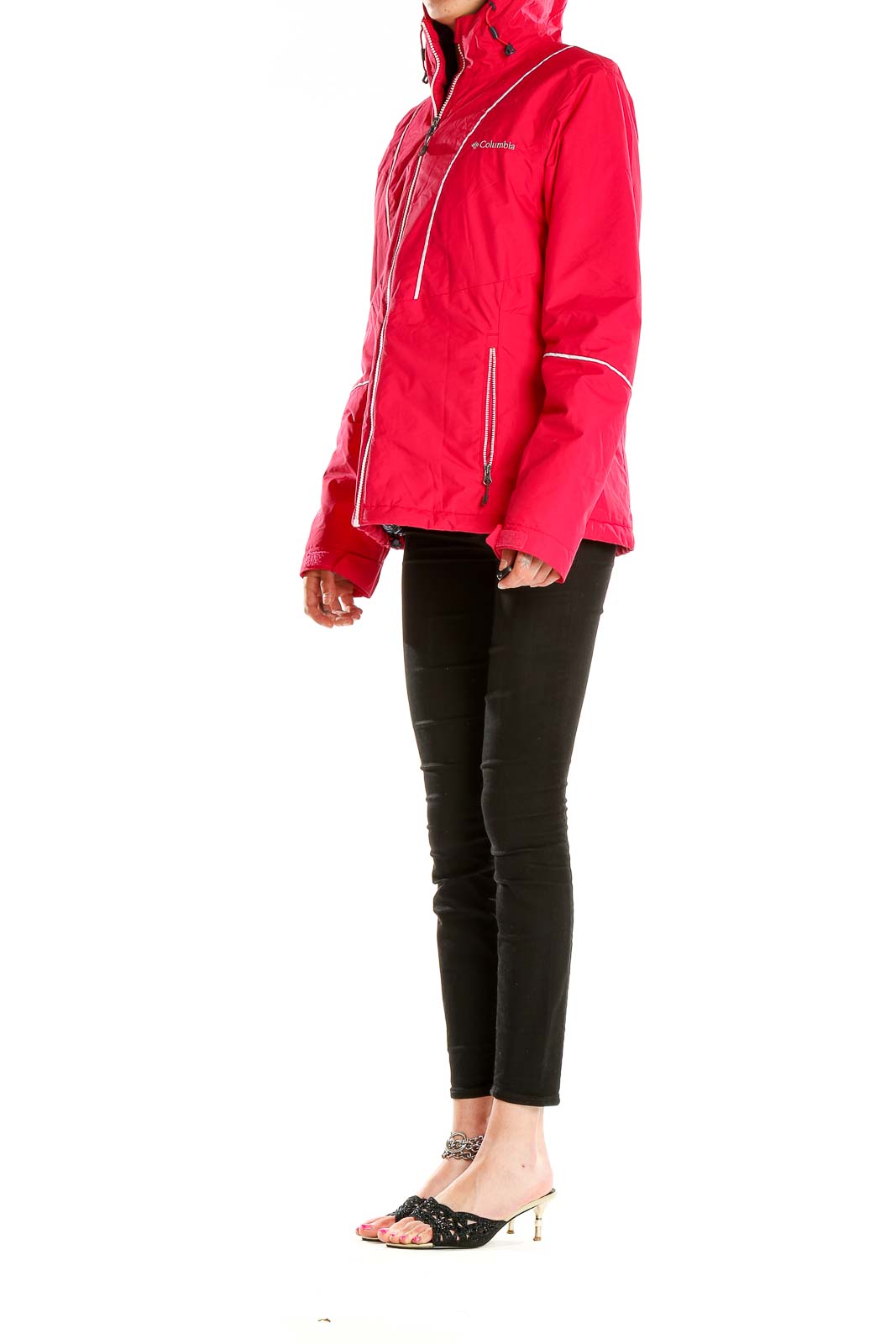 Front view of red Columbia ski jacket with white piping and hood