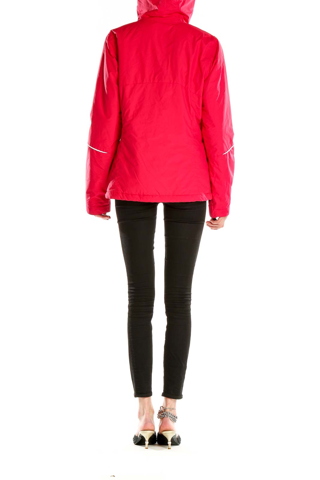 Side view of red Columbia ski jacket showing white piping detail