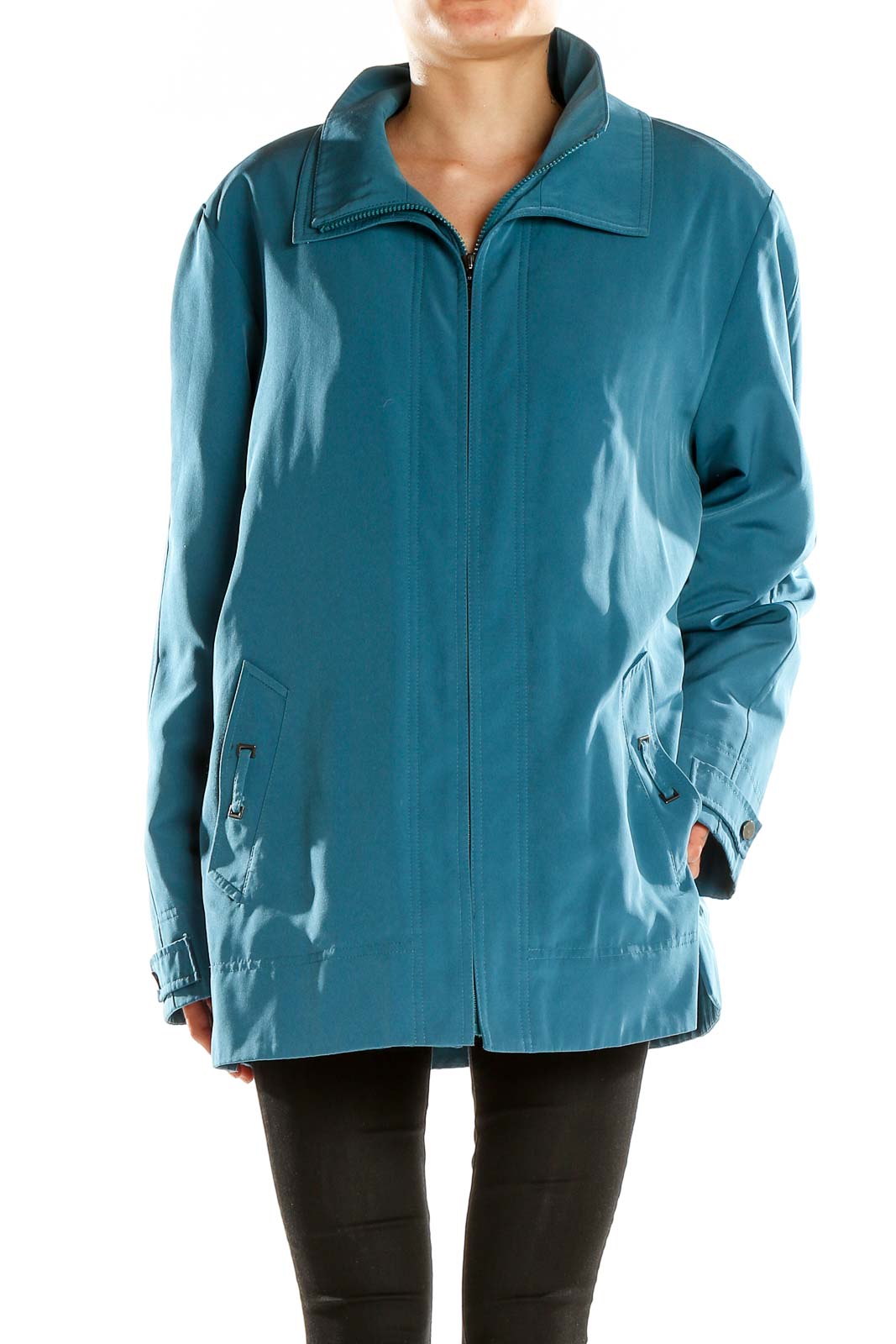Front view of teal Gallery zip-up jacket with collar and side pockets