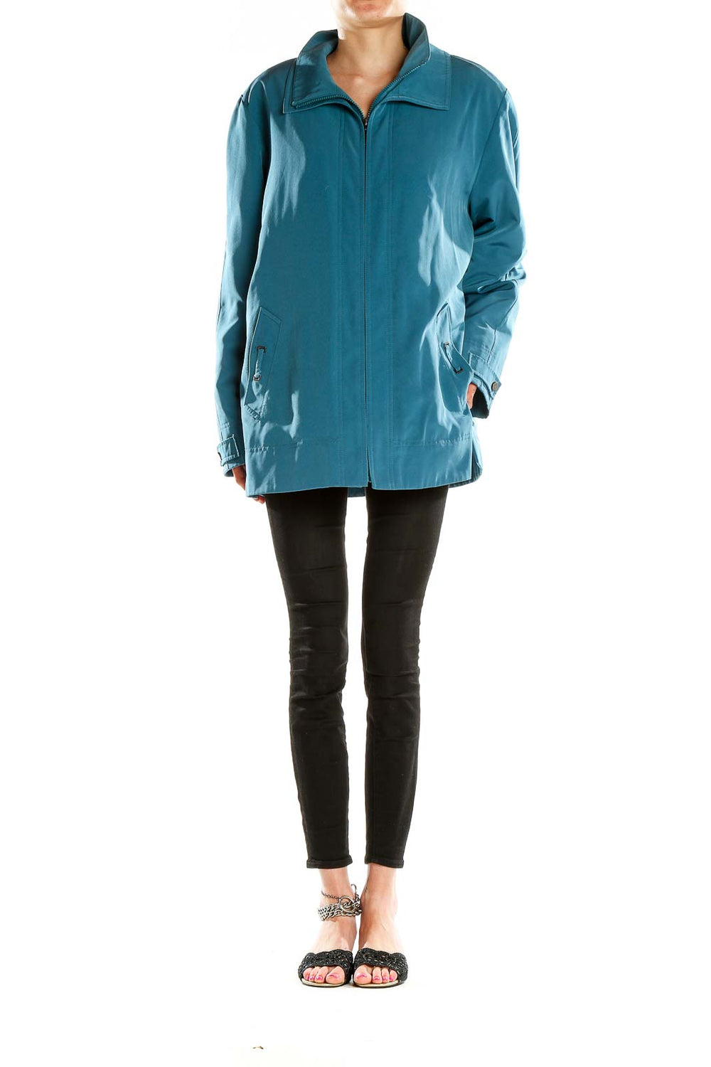 Front view of teal Gallery zip-up jacket with collar and side pockets