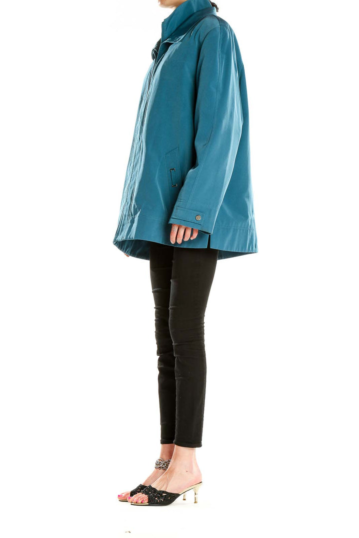 Front view of teal Gallery zip-up jacket with collar and side pockets