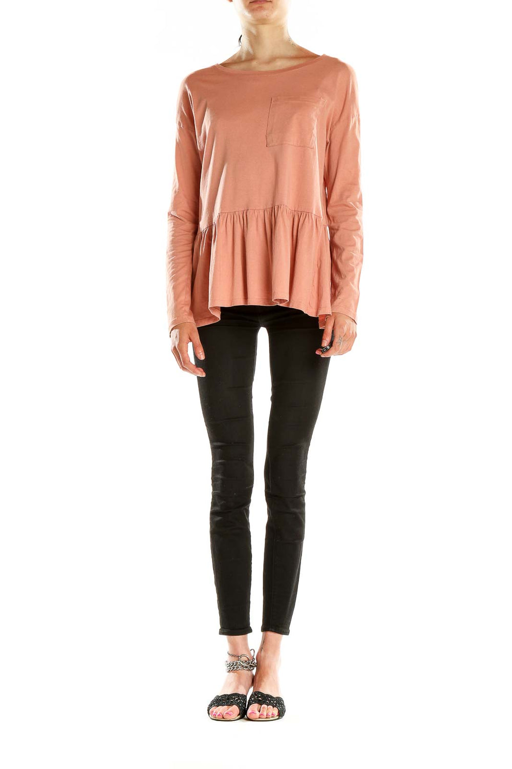 Front view of peach long-sleeve peplum top by For the Republic