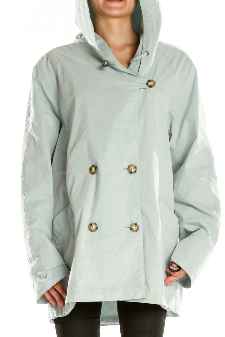 Front view of mint green Eddie Bauer hooded double-breasted jacket