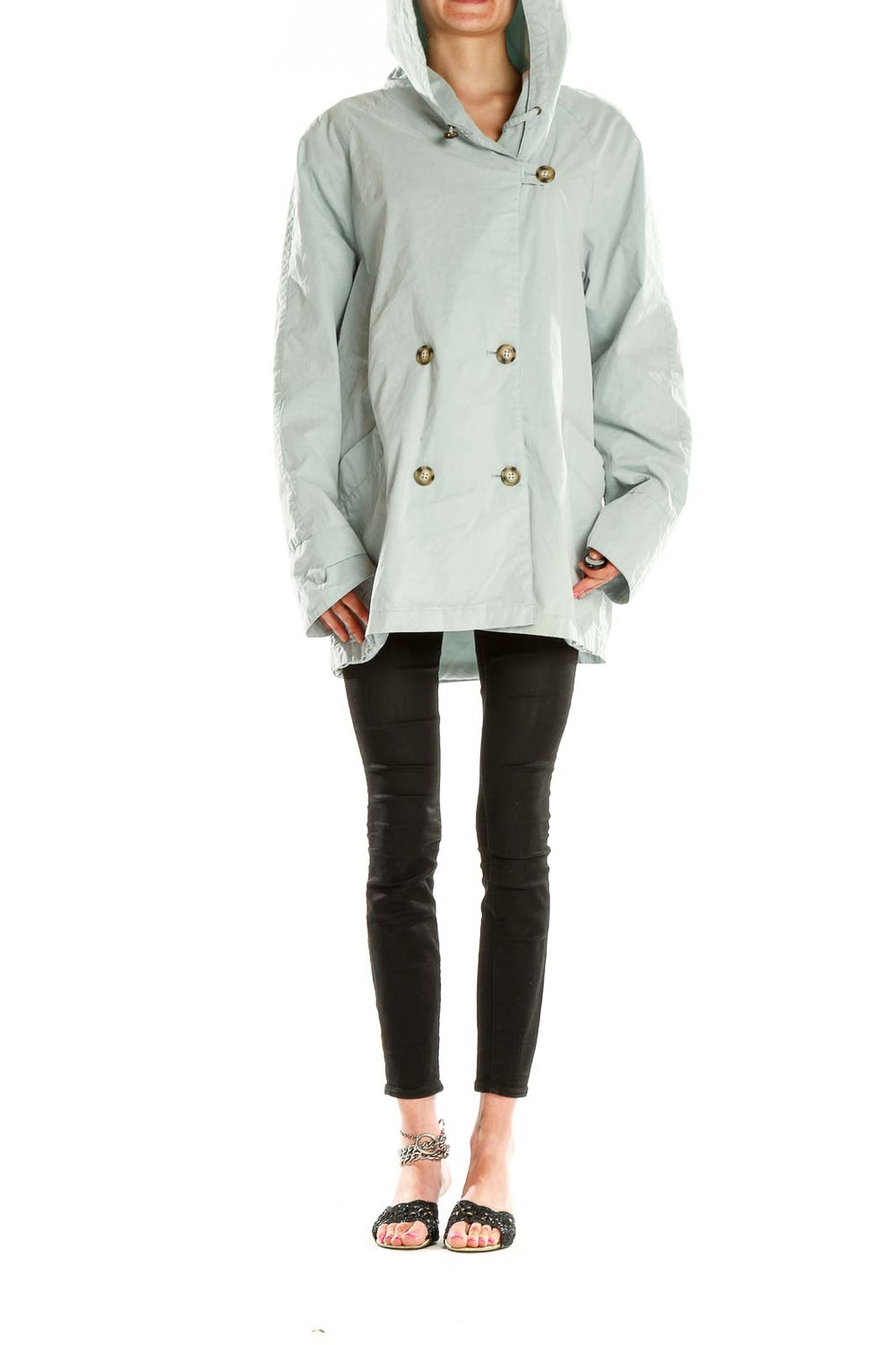 Front view of mint green Eddie Bauer hooded double-breasted jacket