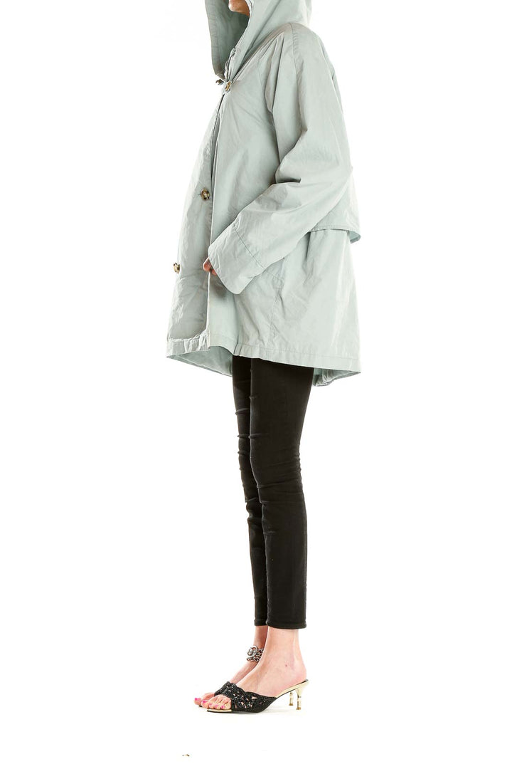 Front view of mint green Eddie Bauer hooded double-breasted jacket
