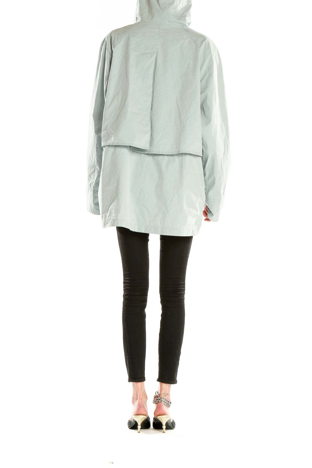 Back view of mint green Eddie Bauer hooded double-breasted jacket on model